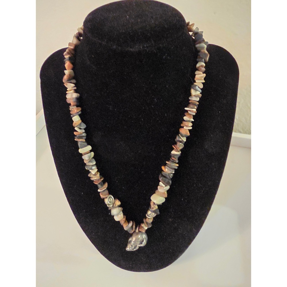 Relifish Hippo Pendant Stone Chip Necklace Silver Tone Spiral Beads Earth Tone